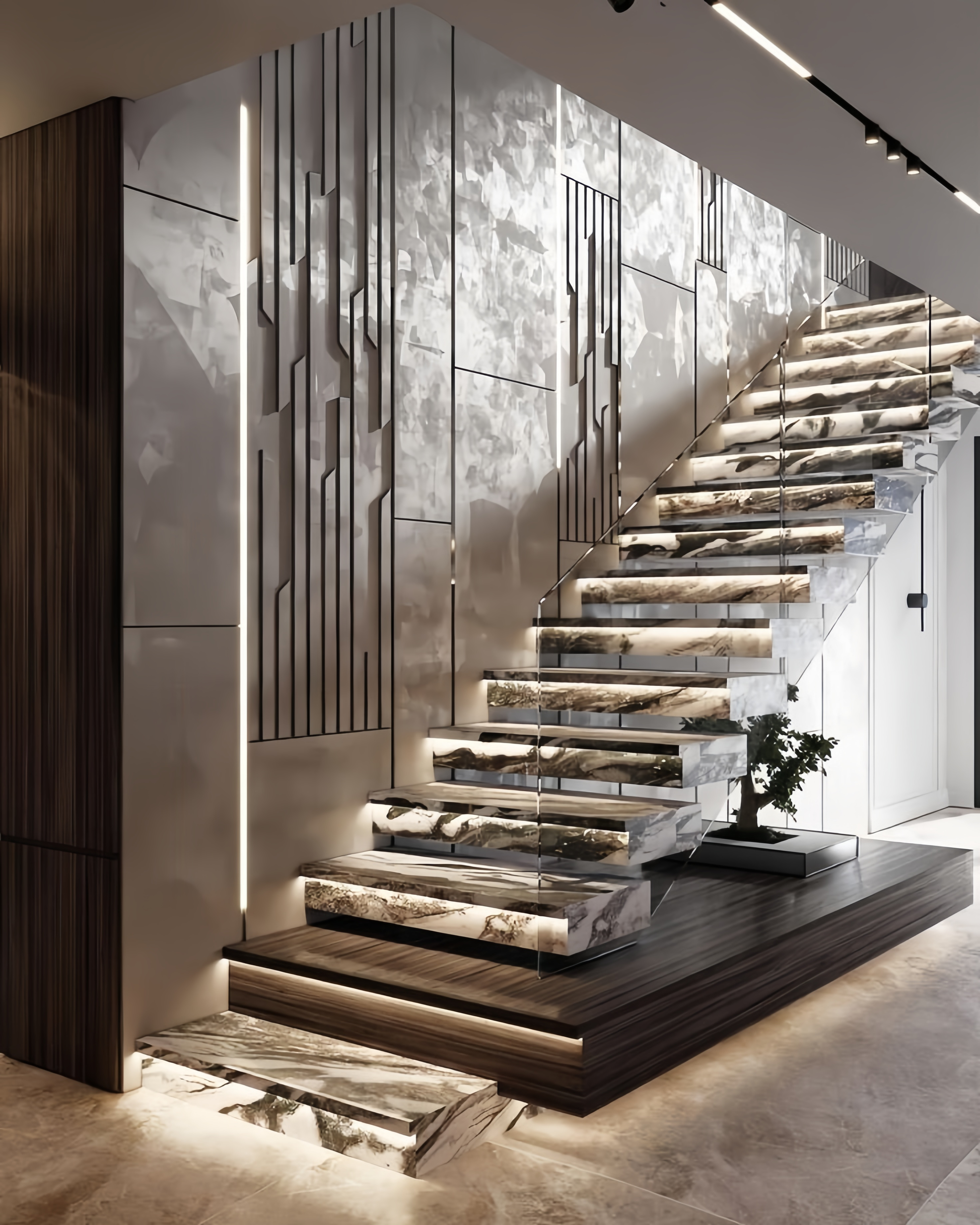 Panda White Marble Straight Floating Staircase with LED Lighting & Glass Railing