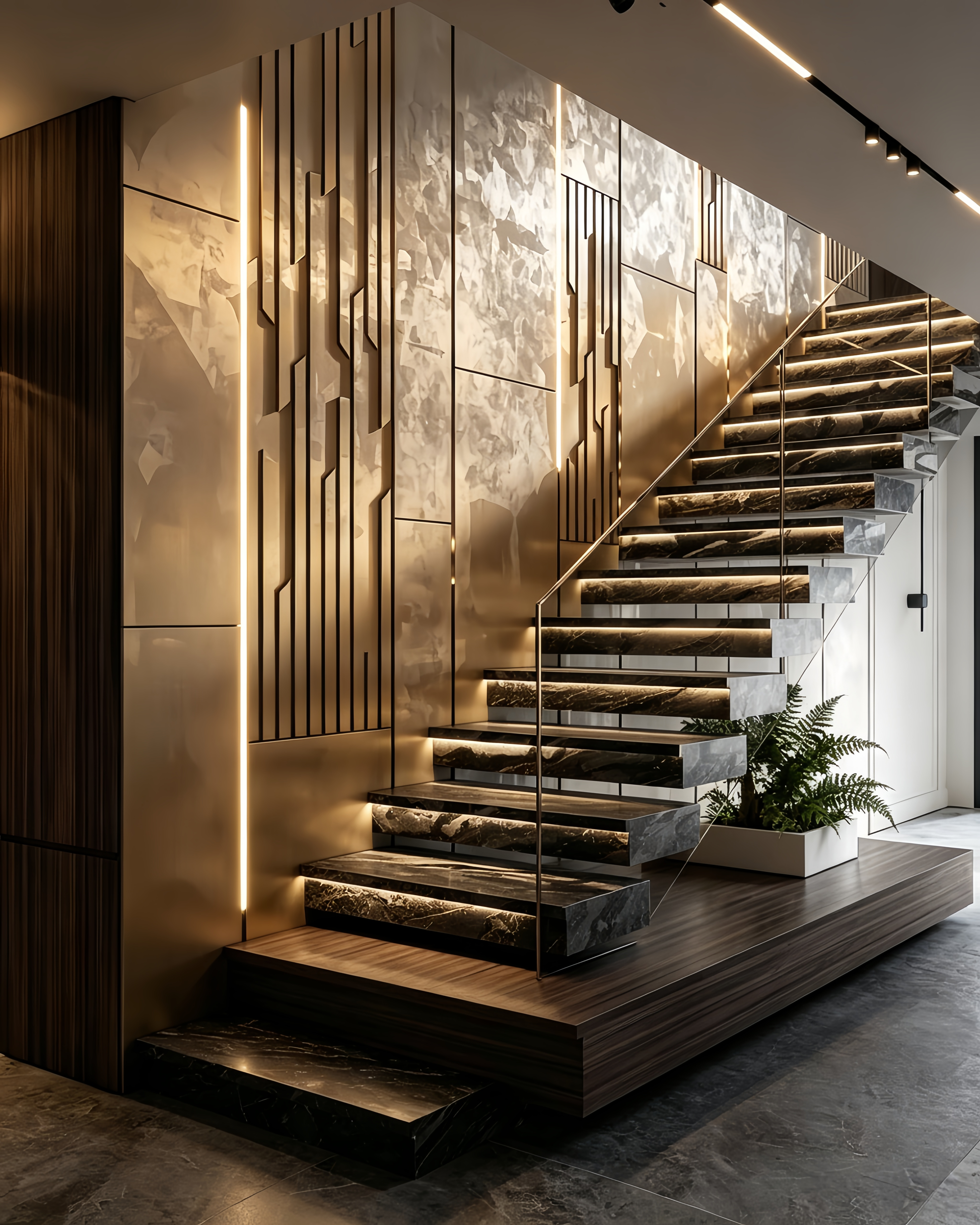 Luxury Indoor Black Marble Staircase with Back lit Wall Panel & LED Step Lights
