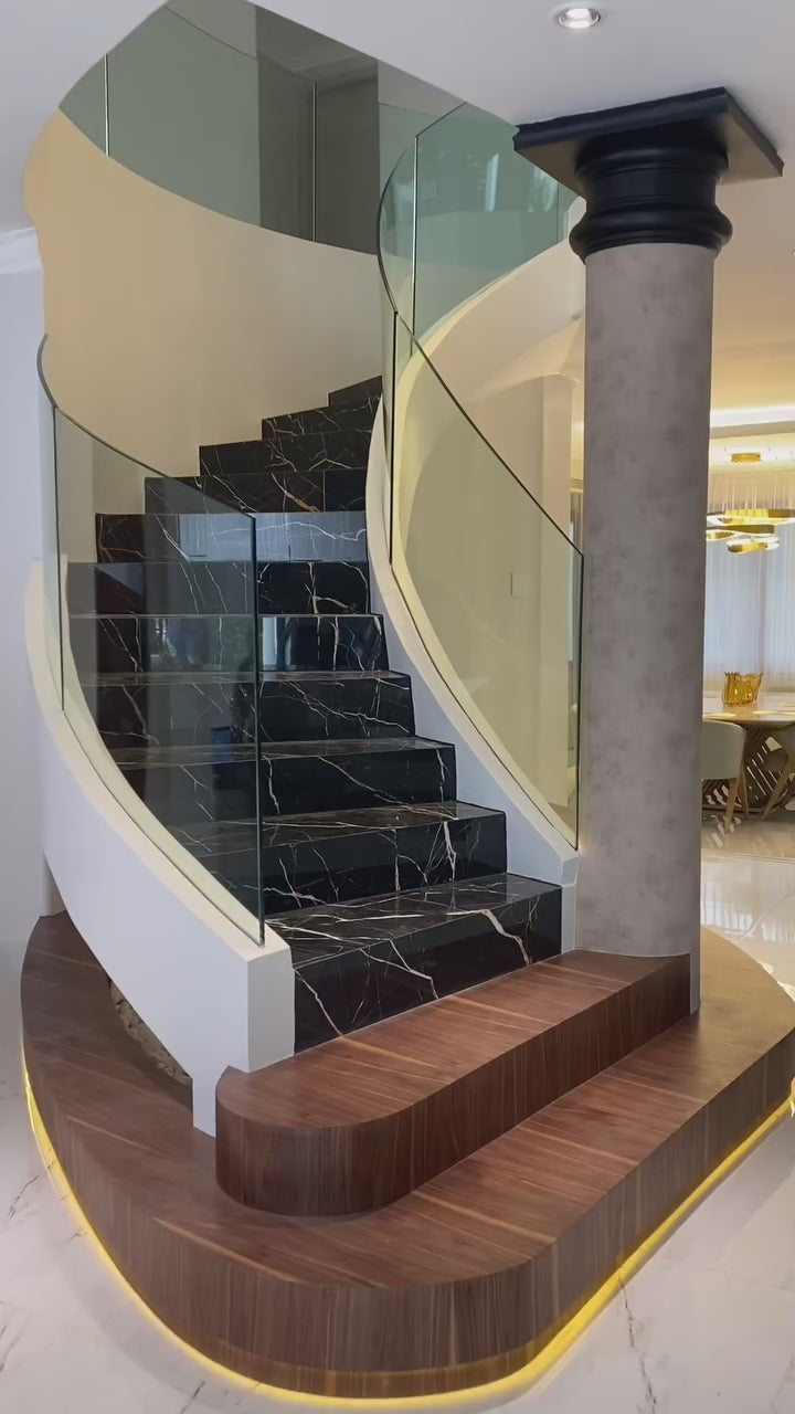 Luxury Indoor Curved Staircase With Marble Tread
