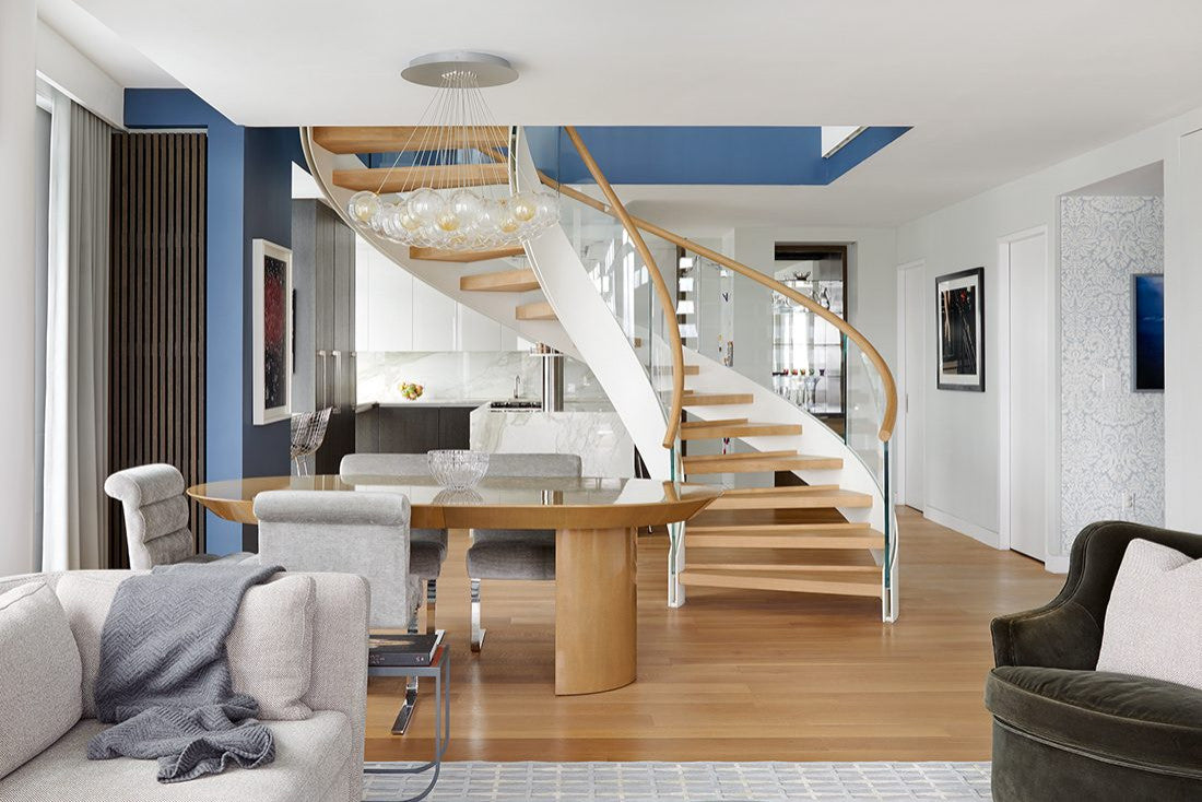 Wooden handrail Bend Glass Curved Staircase with wood tread